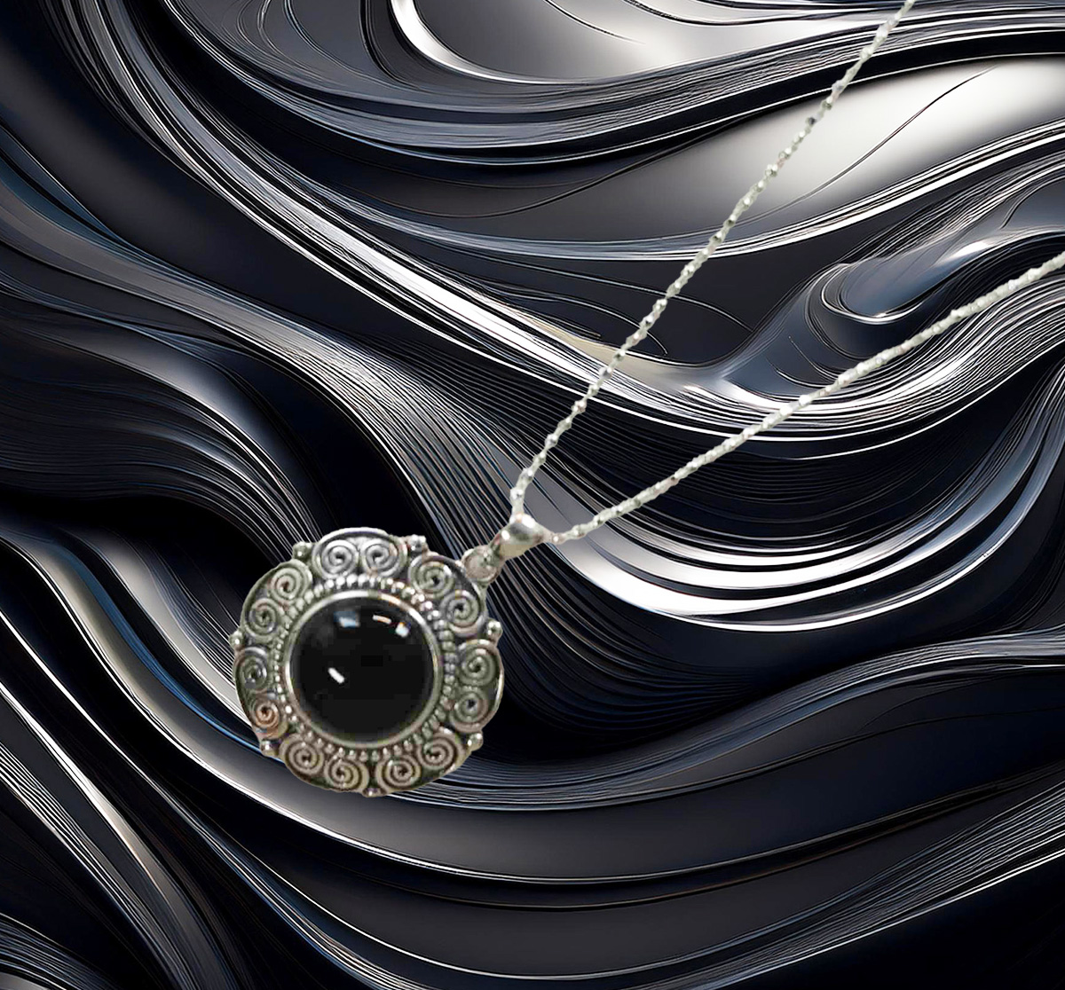 Sterling Silver Round Black Stone Pendant with Geometric Vintage Design 925ijewel.com