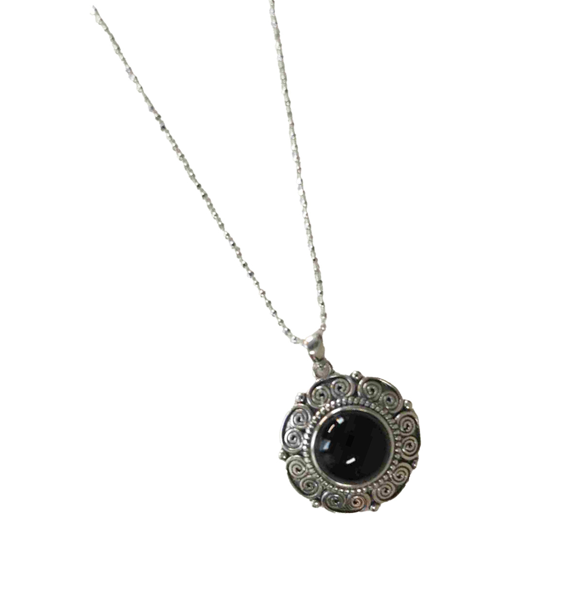 Sterling Silver Round Black Stone Pendant with Geometric Vintage Design 925ijewel.com