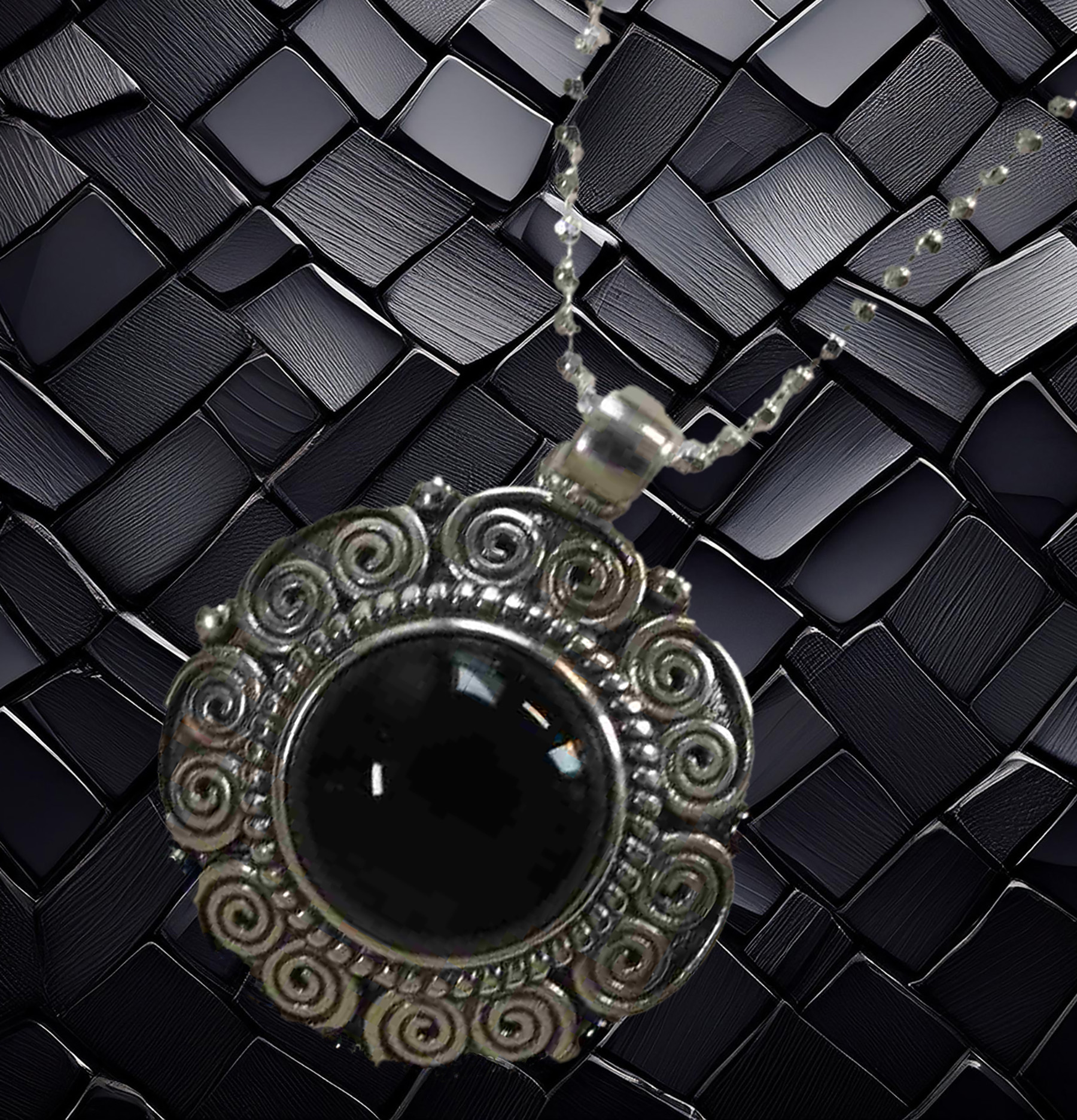 Sterling Silver Round Black Stone Pendant with Geometric Vintage Design 925ijewel.com