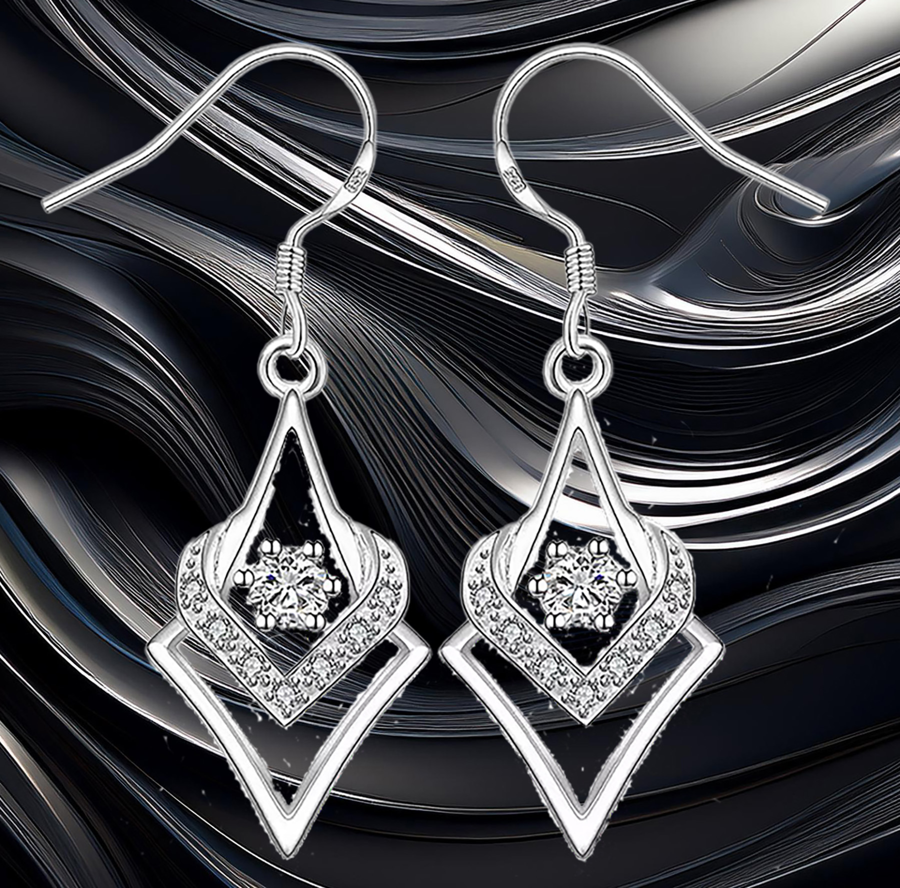Sterling Silver Abstract Heart Design Cubic Zirconia Dangle Earrings 925ijewel.com