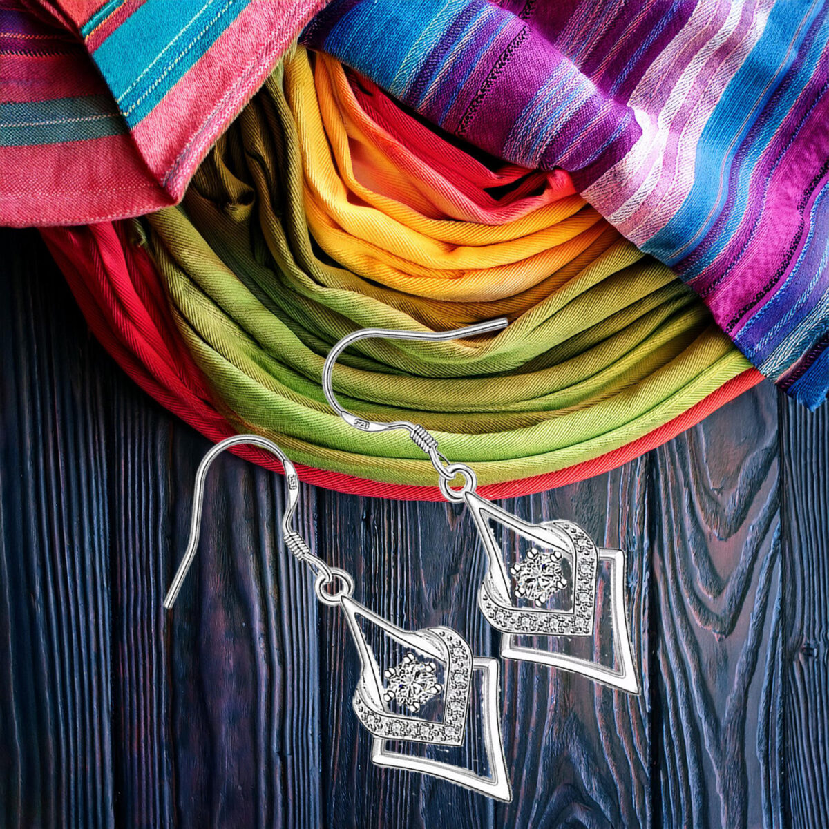 Sterling Silver Abstract Heart Design Cubic Zirconia Dangle Earrings 925ijewel.com