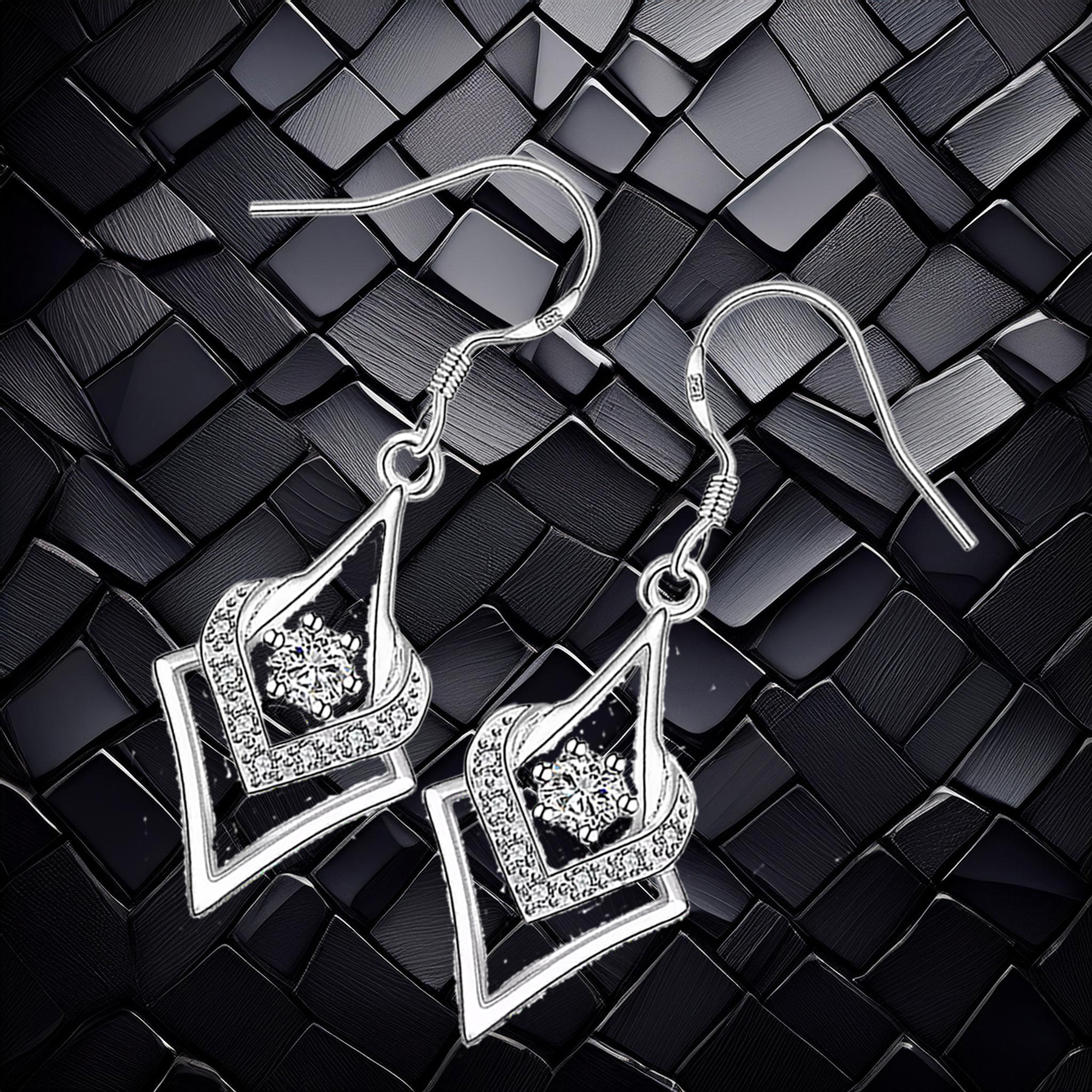 Sterling Silver Abstract Heart Design Cubic Zirconia Dangle Earrings 925ijewel.com