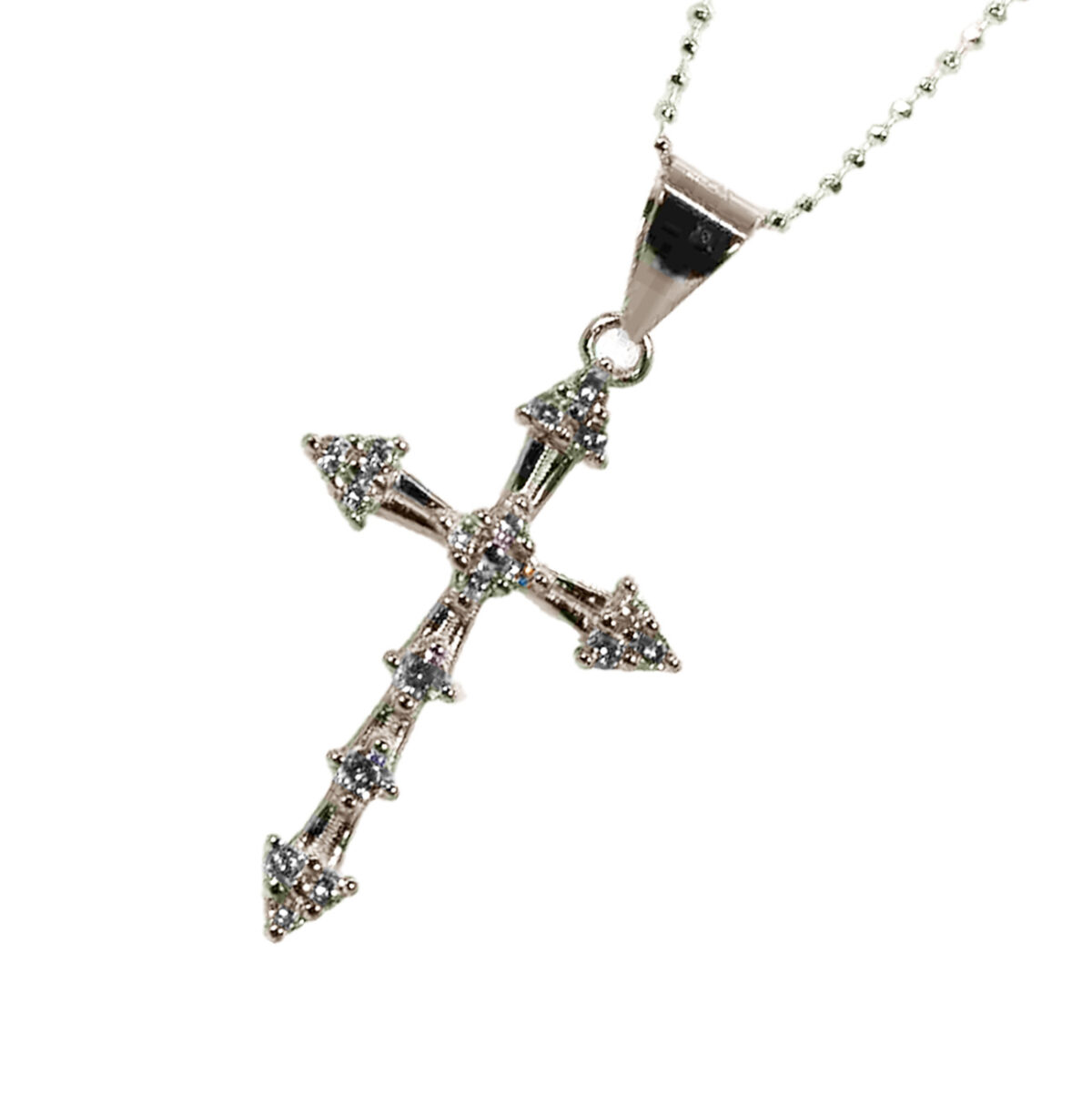 Sterling Silver Baguette & Round CZ Cross Pendant with Italian Ball Chain 925ijewel.com