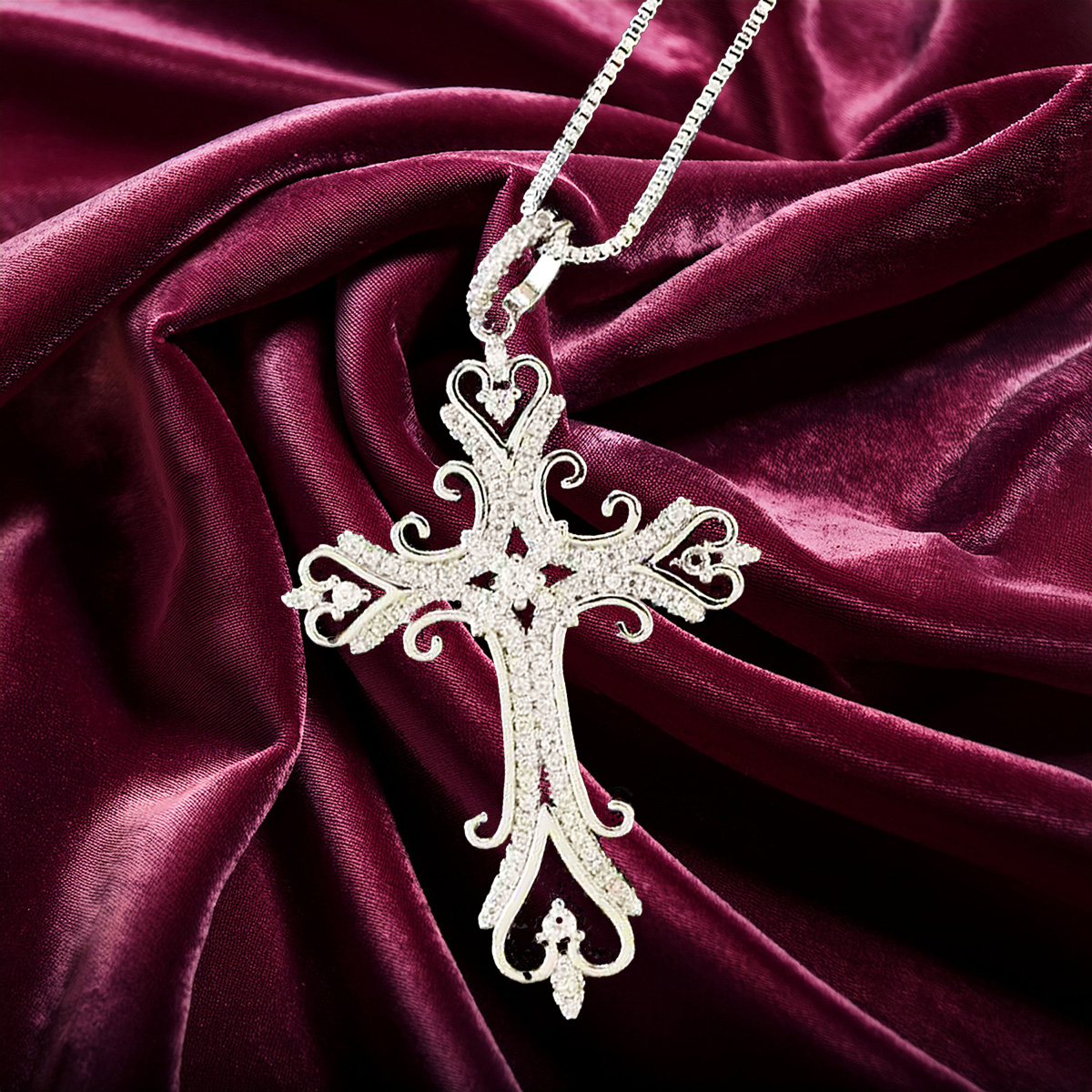 Sterling Silver Filigree Cross Pendant with Sparkling Cubic Zirconia – Elegant Religious Necklace for Women 925ijewel.com