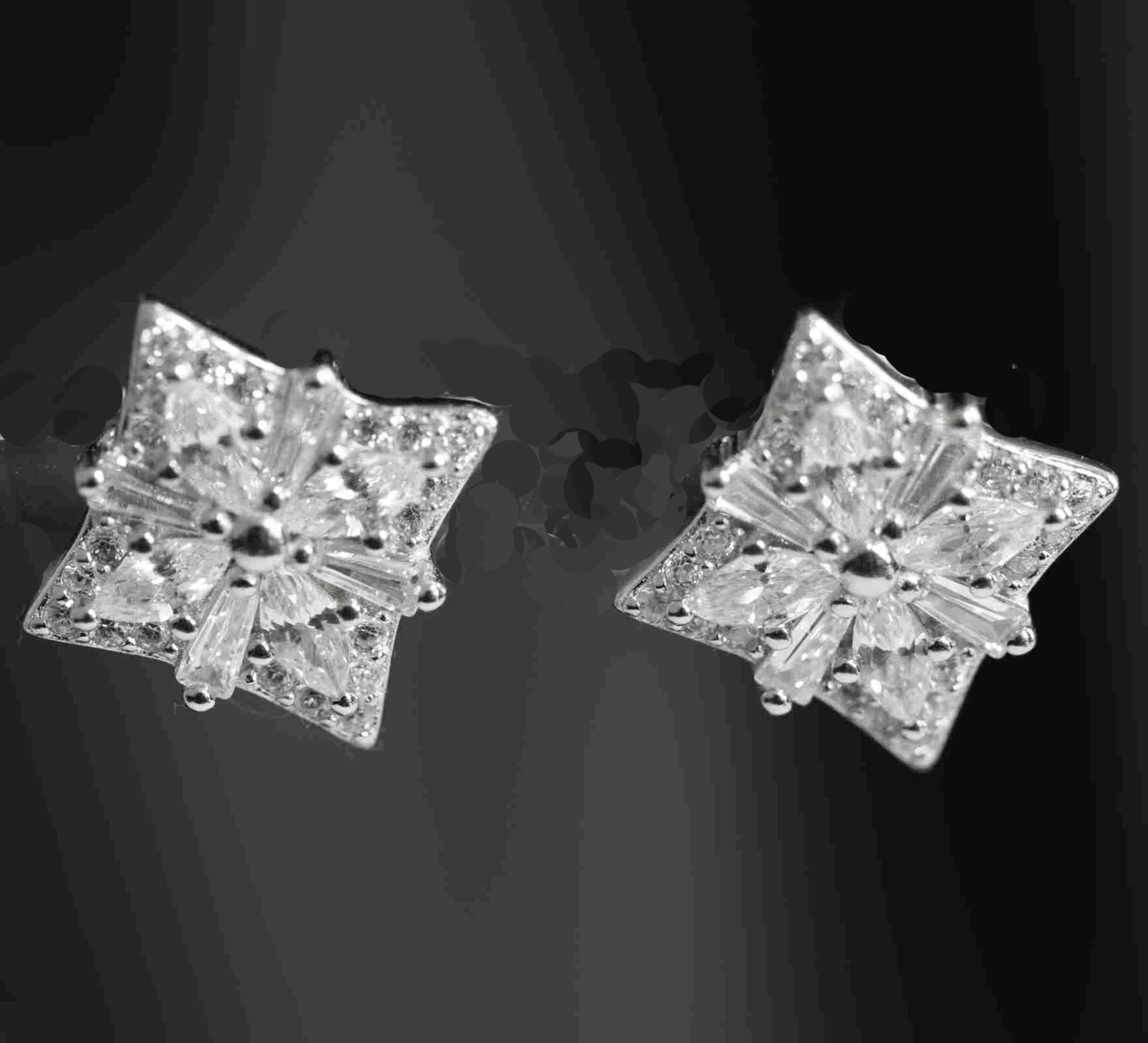 Sterling Silver Square Geometric Designed Round and Baguette CZ Earrings and Pendant Set 925ijewel.com
