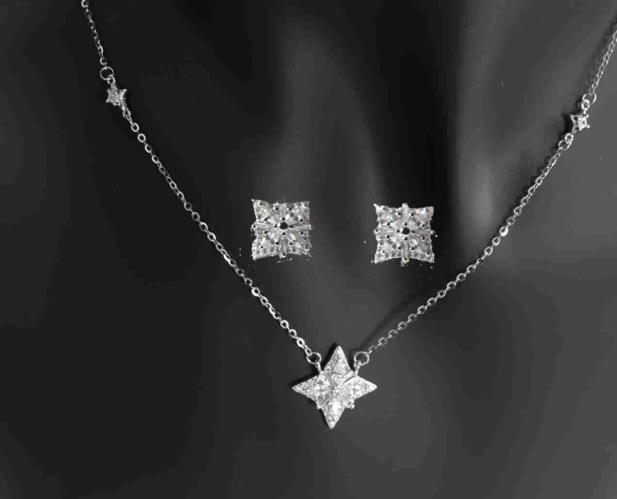 Sterling Silver Square Geometric Designed Round and Baguette CZ Earrings and Pendant Set 925ijewel.com