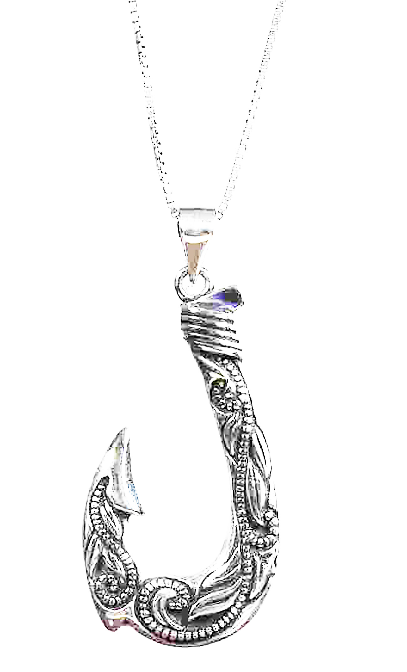 Sterling silver platinum look fishing hook with intricate design on box chain-Hook with the look 925ijewel.com