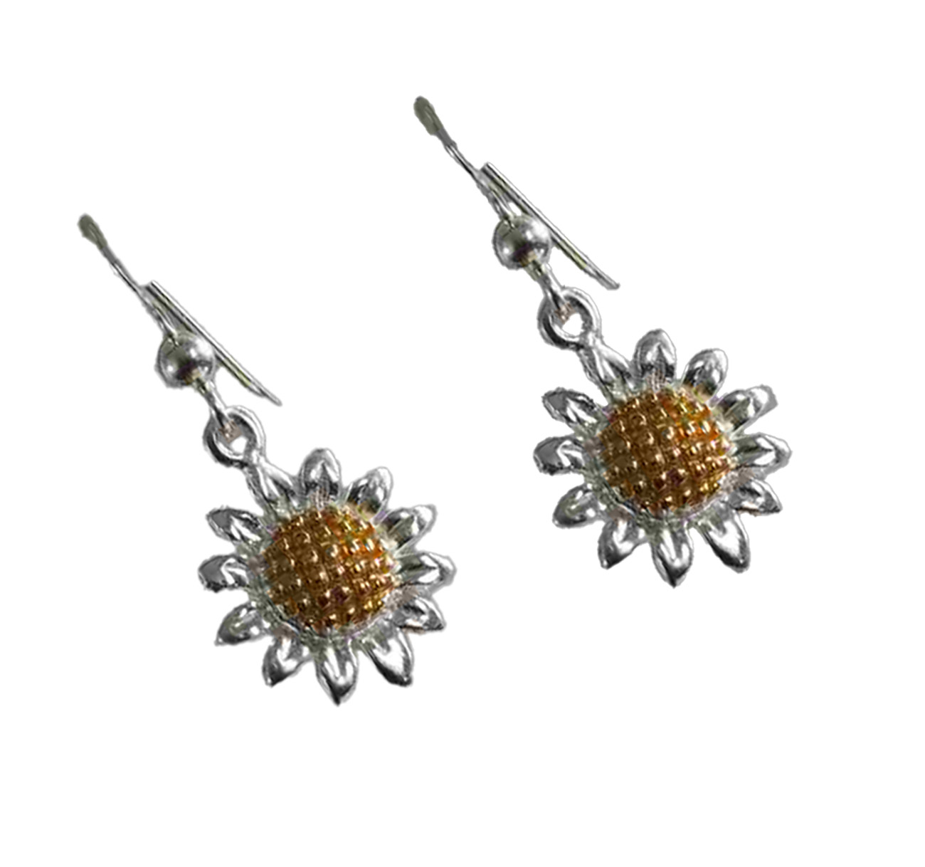 Two-Tone Sterling Silver Sunflower Dangle Earrings – Rose & Silver Floral Drop Jewelry 925ijewel.com