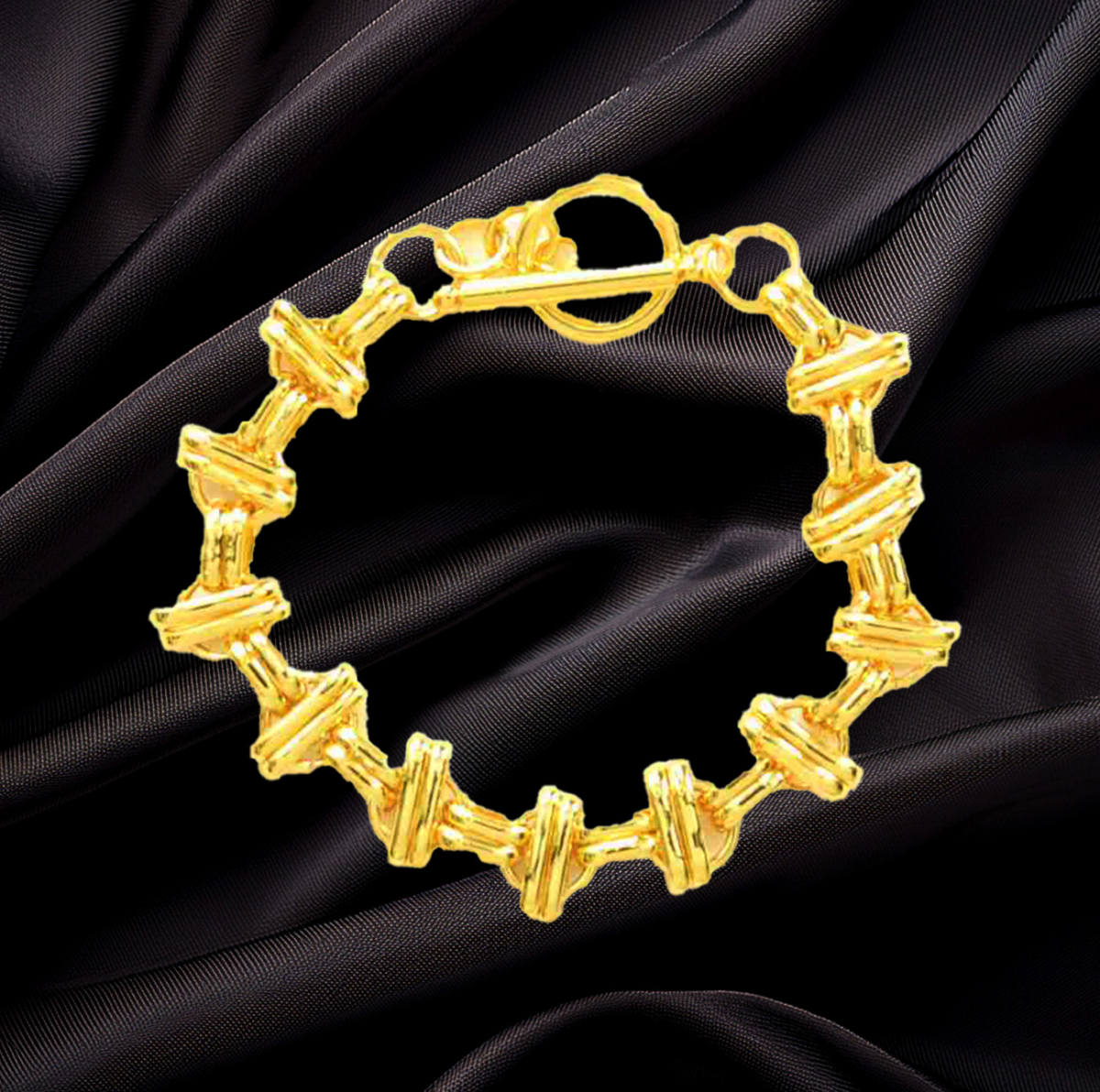 24Kt Gold-Plated Sterling Silver Fancy Double Bar over Spaced Circles Design Bracelet 925ijewel.com
