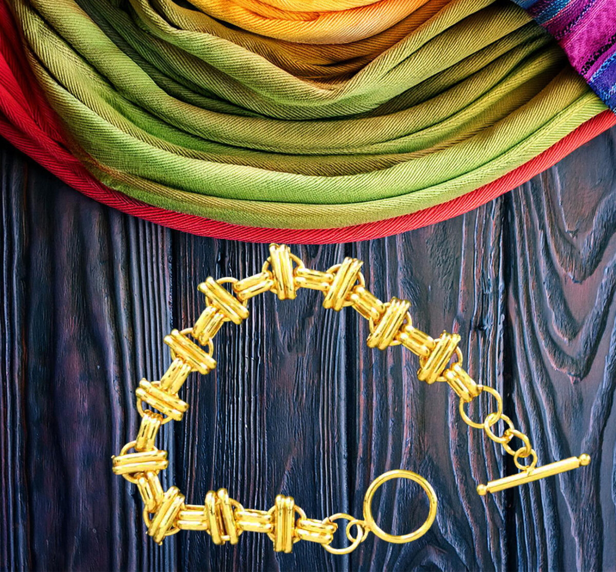 24Kt Gold-Plated Sterling Silver Double-Bar Circle Link Bracelet 925ijewel.com