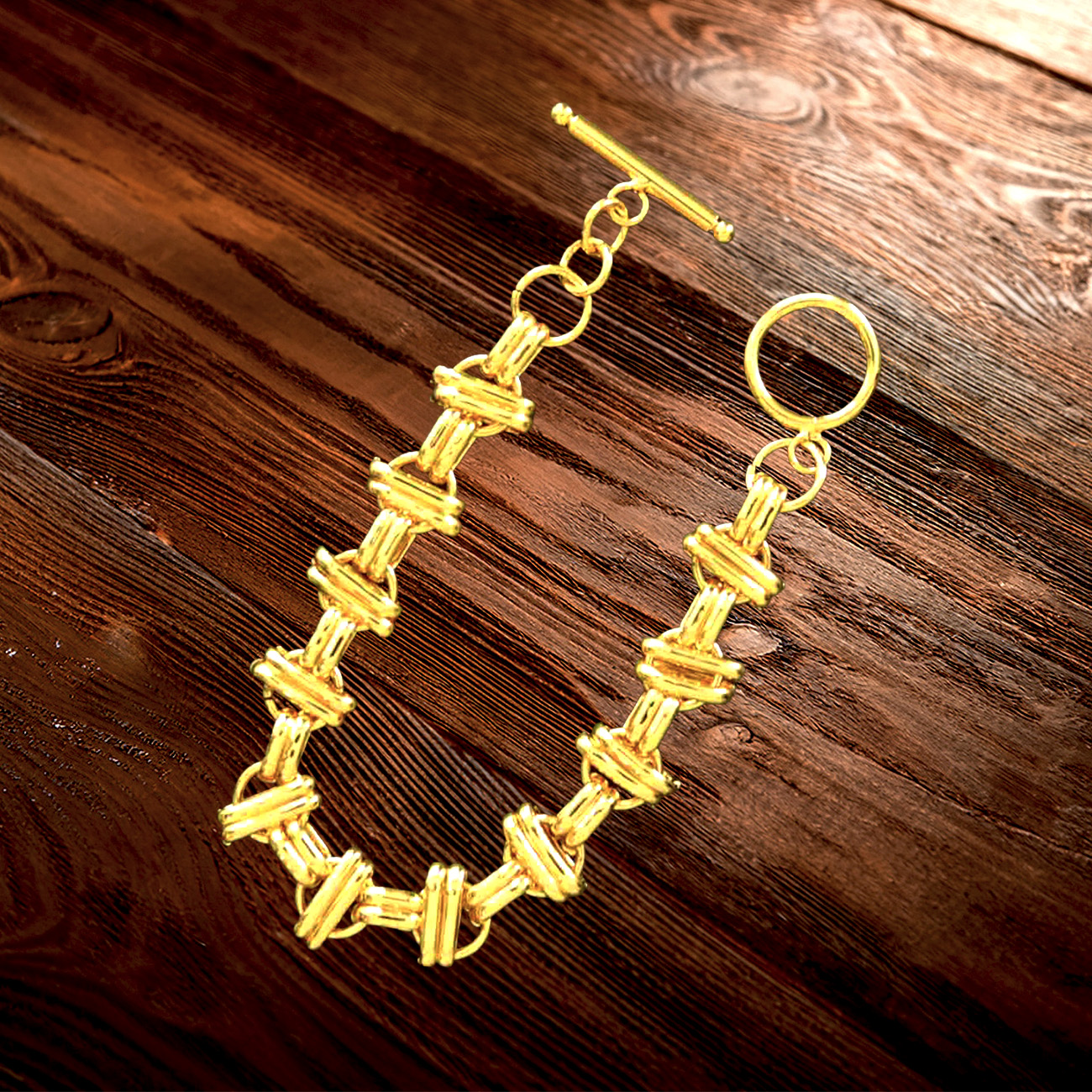 24Kt Gold-Plated Sterling Silver Double-Bar Circle Link Bracelet 925ijewel.com
