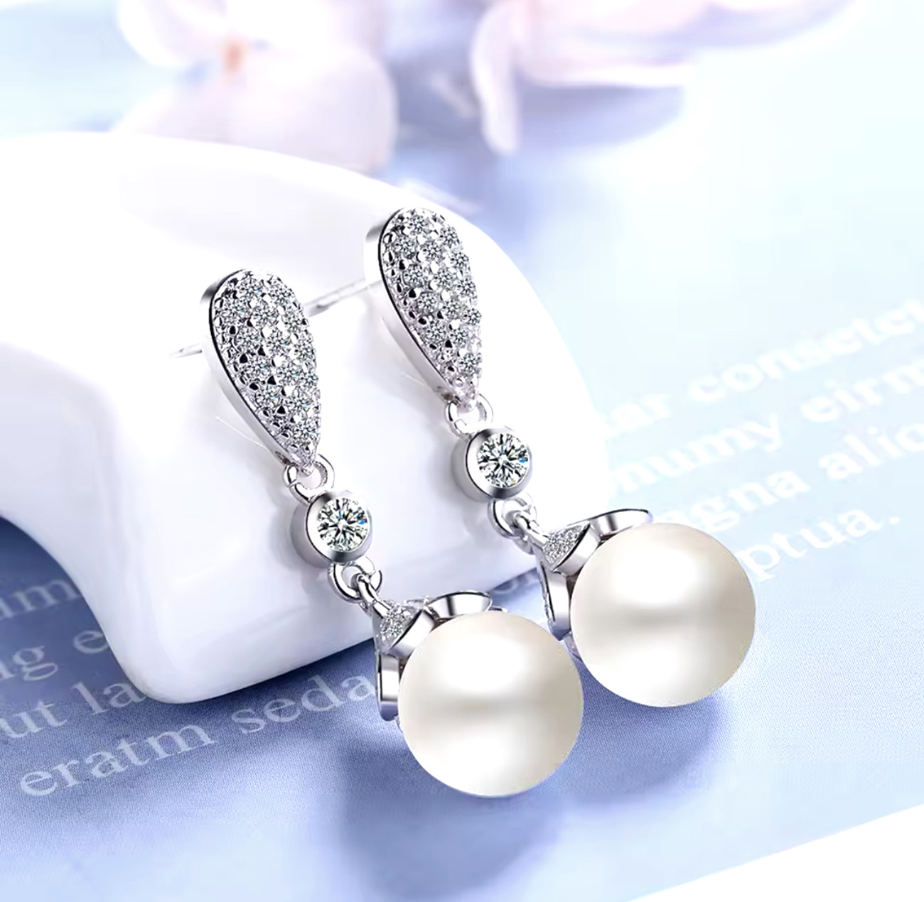 Pure Grace Sterling Silver Freshwater Pearl Dangle Earrings with CZ Sparkle. 925ijewel.com