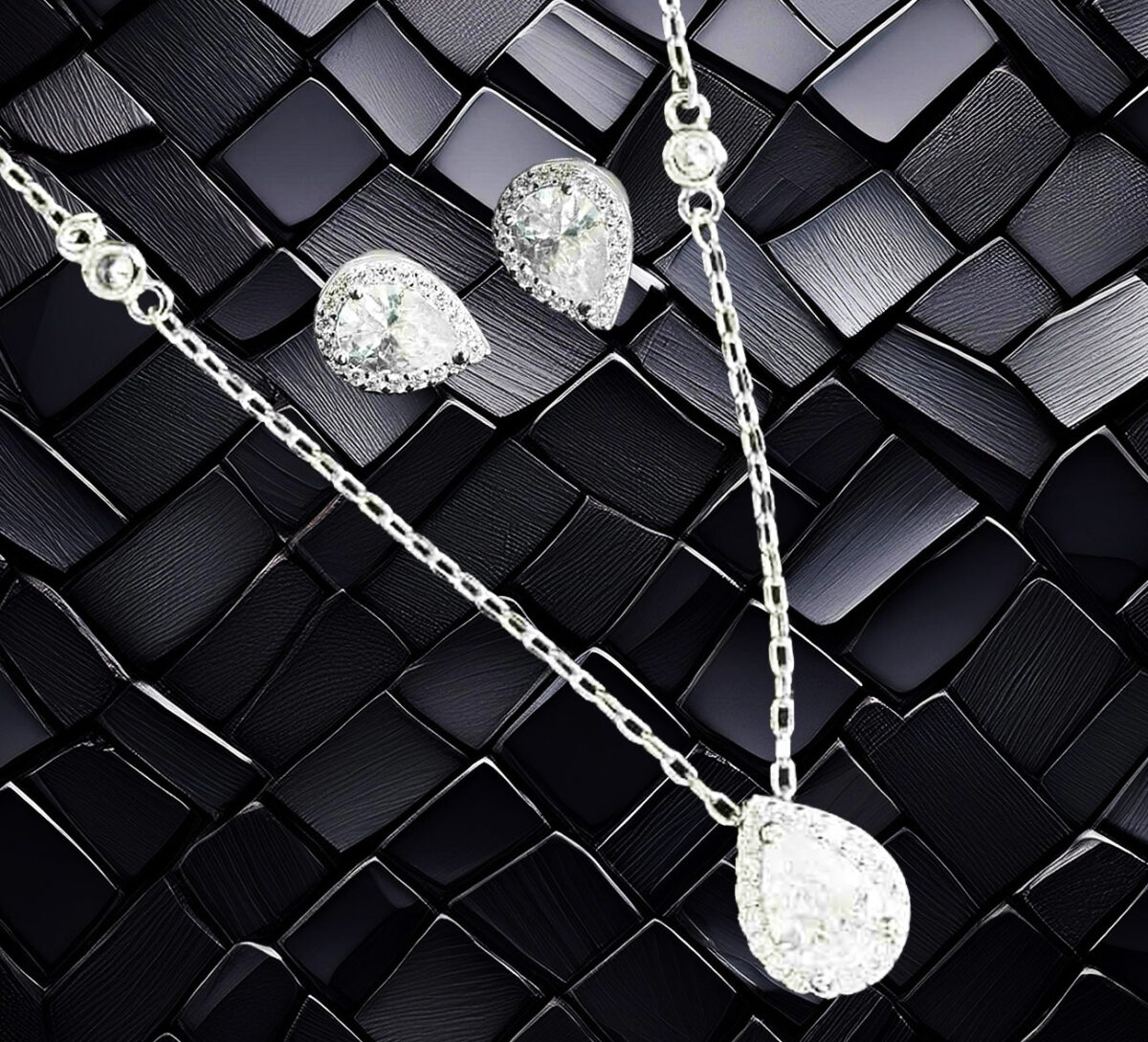 Sterling Silver Pear Shaped CZ with Two Round CZ Adorned on Dainty Link Chain and Pear Shaped Earring Set 925ijewel.com