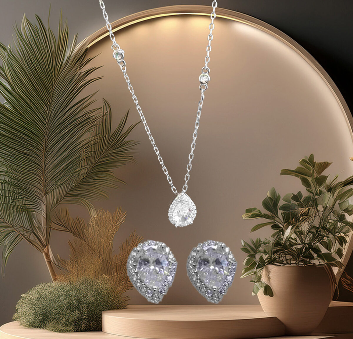 Sterling Silver Pear Shaped CZ with Two Round CZ Adorned on Dainty Link Chain and Pear Shaped Earring Set 925ijewel.com