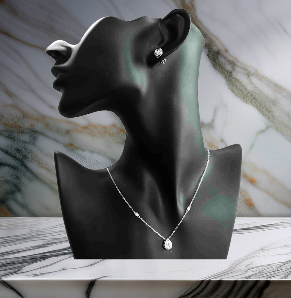 Sterling Silver Pear Shaped CZ with Two Round CZ Adorned on Dainty Link Chain and Pear Shaped Earring Set 925ijewel.com