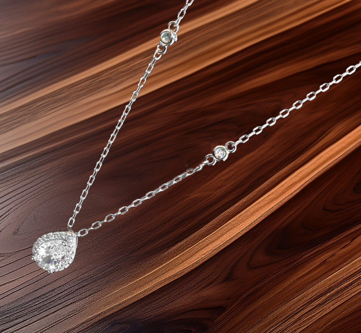 Sterling Silver Pear Shaped CZ with Two Round CZ Adorned on Dainty Link Chain and Pear Shaped Earring Set 925ijewel.com