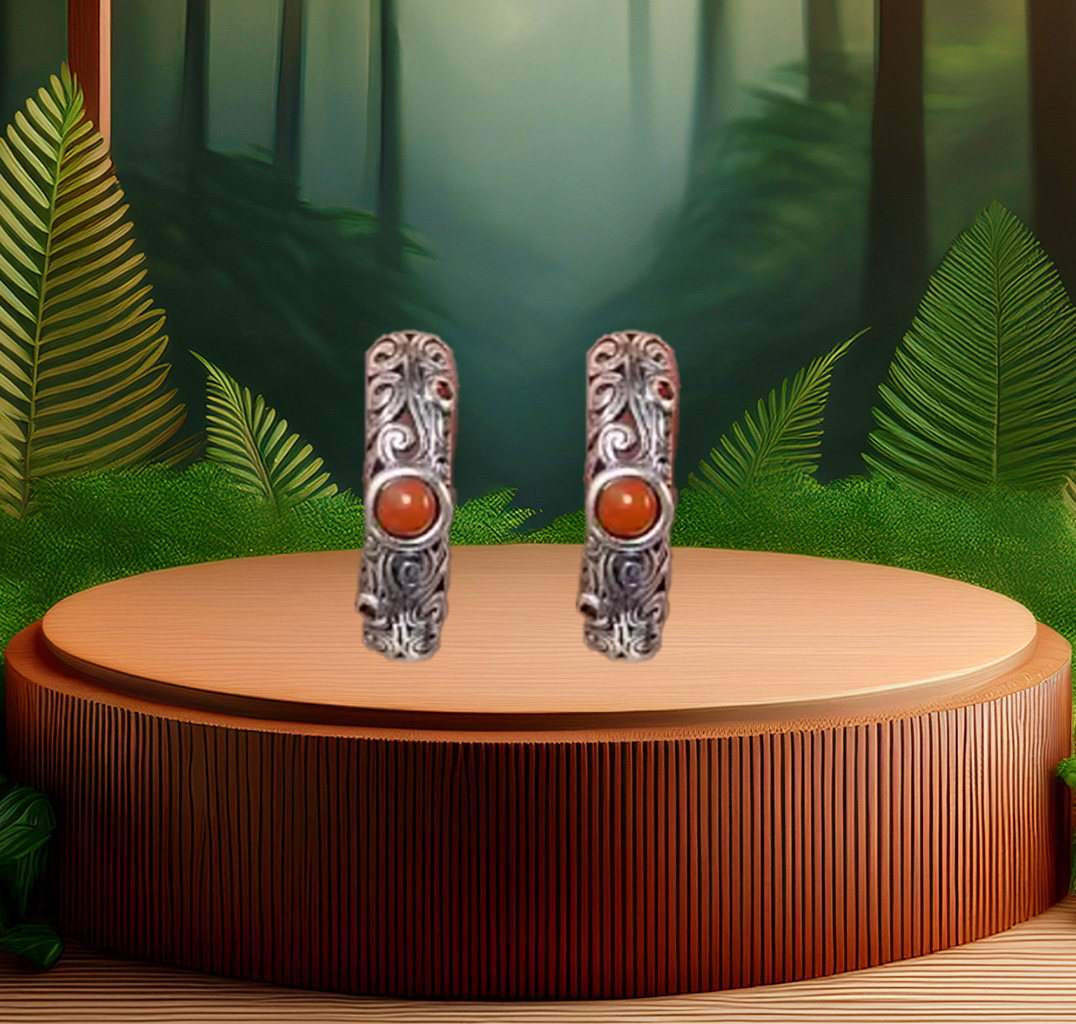 Classy Sterling Silver 15.5mm Hoop Earrings with Intricate Detailing and Bold Red Stone. 925ijewel.com