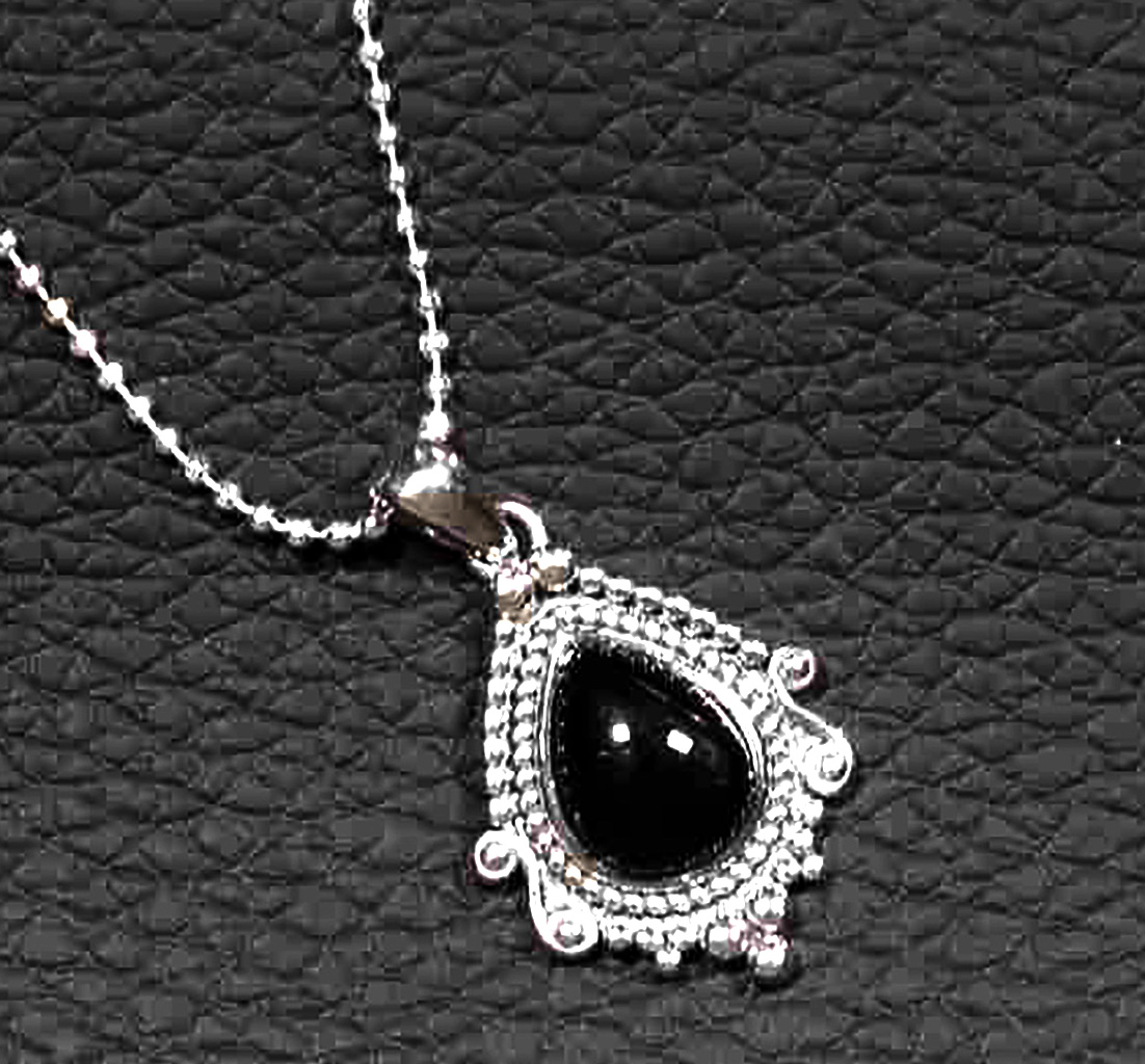 Timeless Sterling Silver Pear-Shaped Black Stone Pendant with Vintage Design on Italian Diamond-Cut Ball Chain. 925ijewel.com