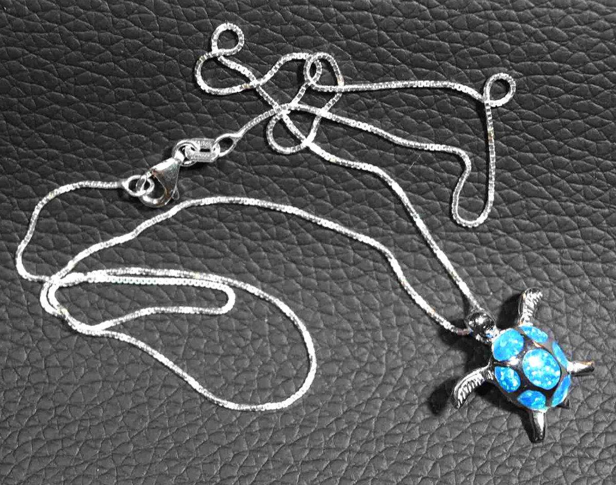 Timeless Sterling Silver Turtle Pendant with Shimmering Blue Opal on Italian Box Chain. 925ijewel.com
