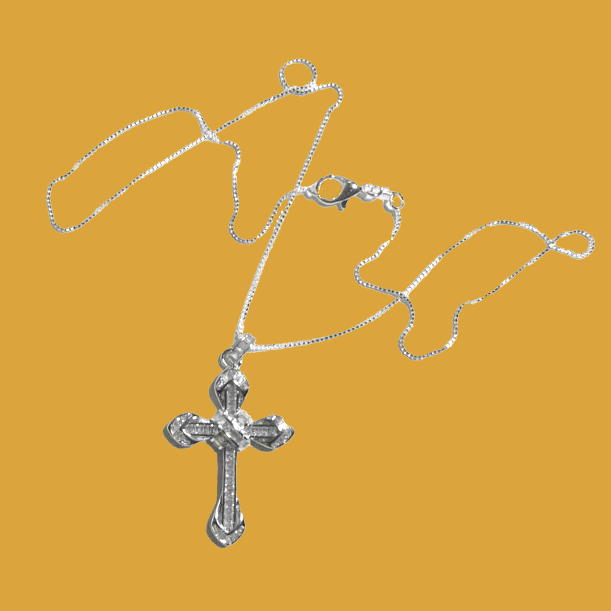 Timeless Sterling Silver Cross Pendant with Round and Baguette CZ- on Box Chain. 925ijewel.com