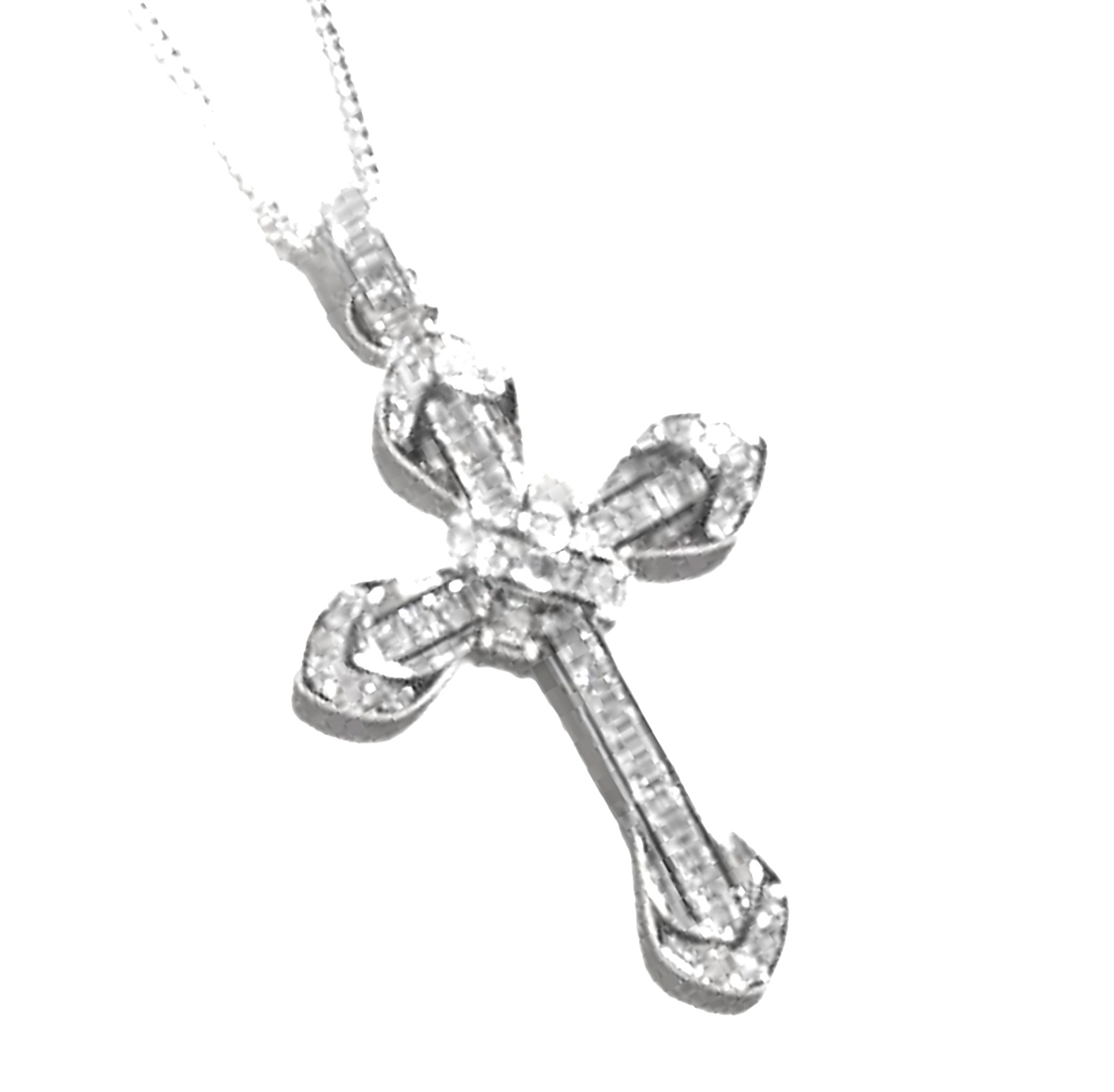 Timeless Sterling Silver Cross Pendant with Round and Baguette CZ- on Box Chain. 925ijewel.com