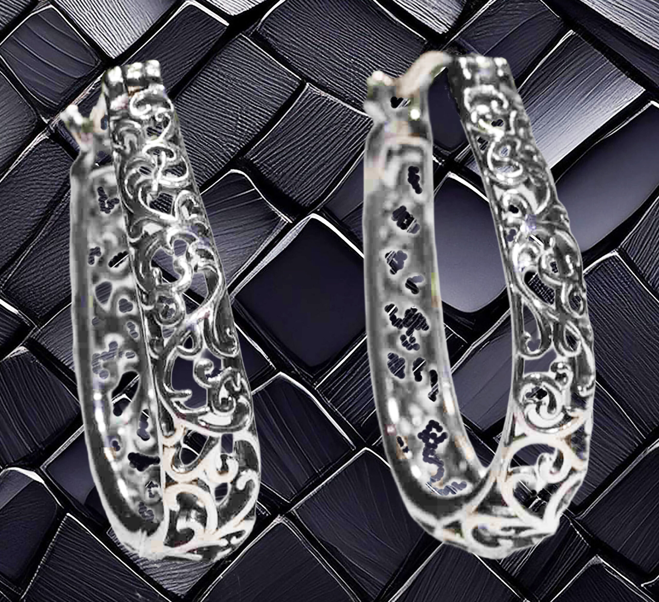 Eternal Grace Sterling Silver White Gold-Plated Intricate Hoop Earrings. 925ijewel.com