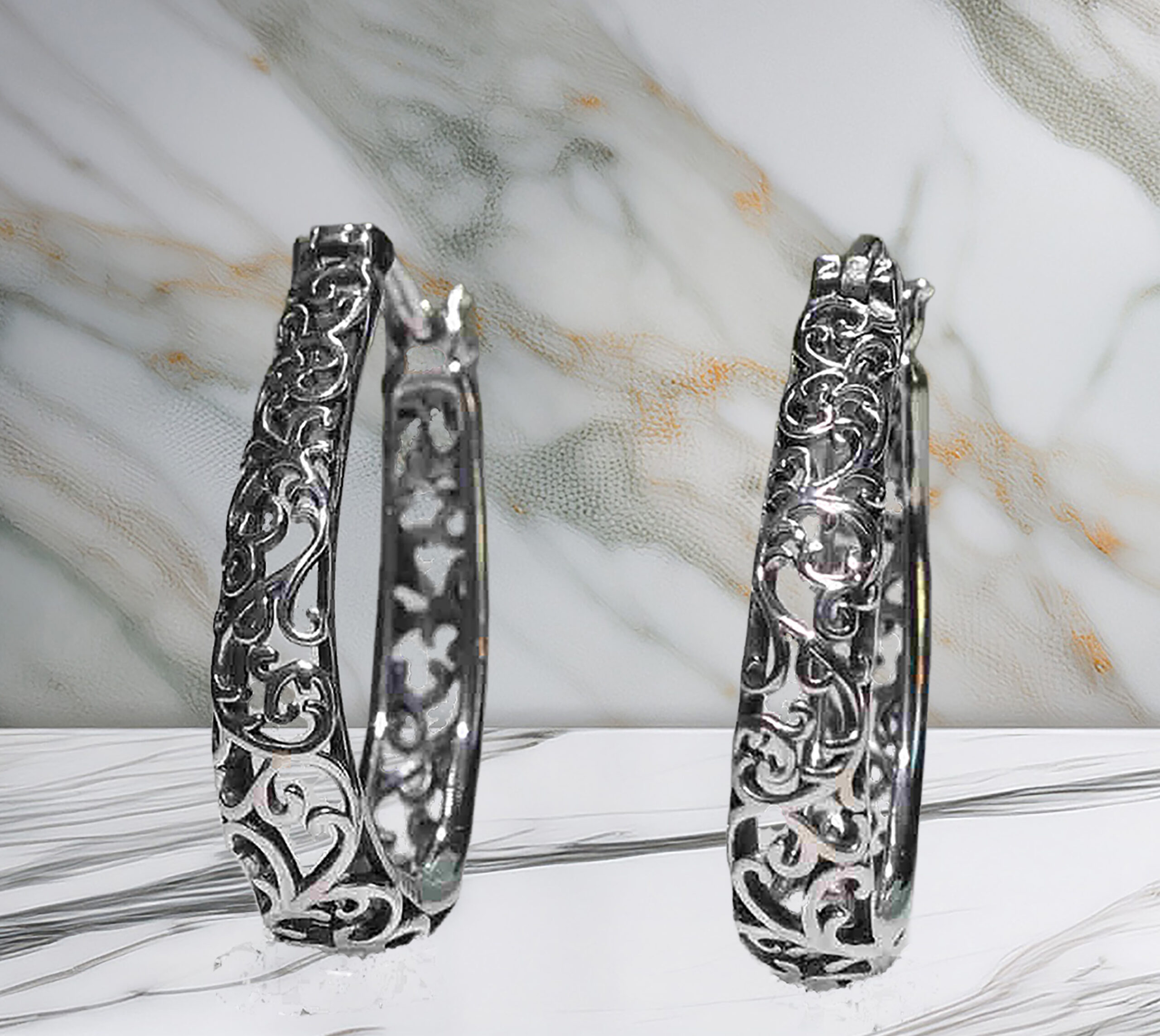 Eternal Grace Sterling Silver White Gold-Plated Intricate Hoop Earrings. 925ijewel.com